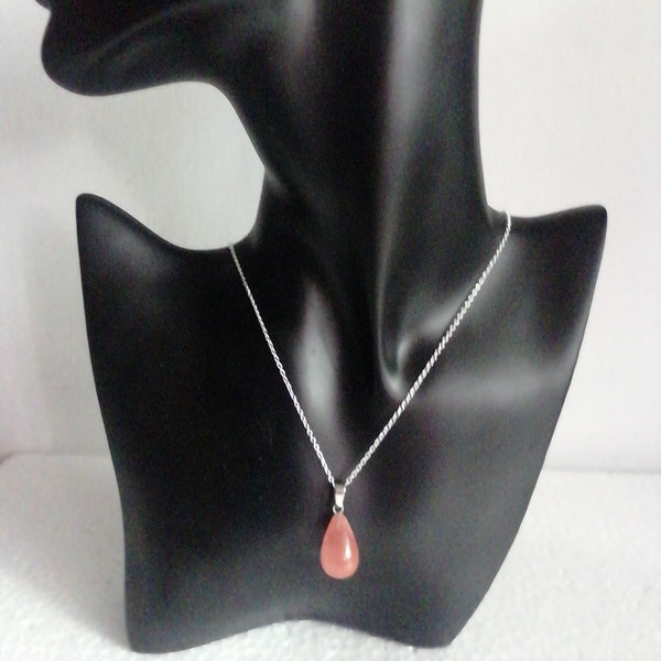 Collier Argent 925= et son Pendentif Goutte Quartz Cerise Rose de 24 mm