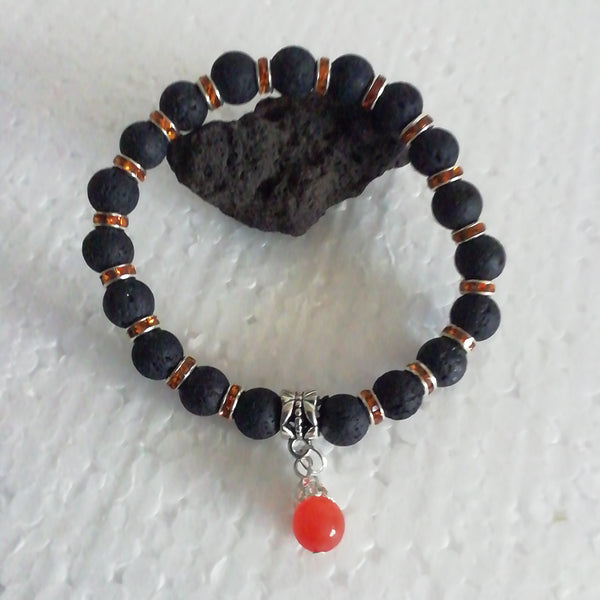 Bracelet de Perles Noires de Lave Naturelles et Intercalaires Strass Orange