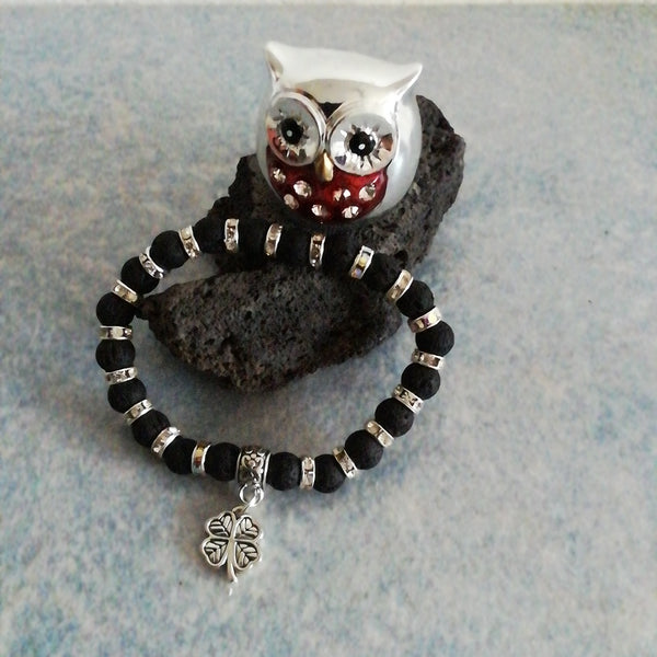 Bracelet Lithothérapie de Perles de Pierre Noire de Lave Volcanique - Strass - Trèfle à Quatre Feuilles