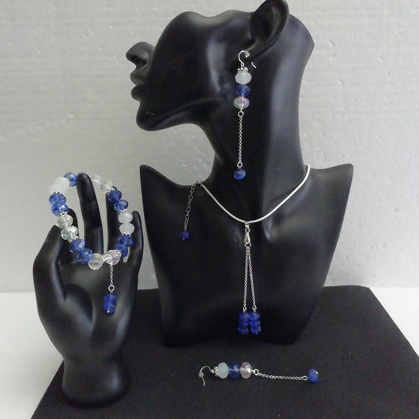 Collection Été un Ensemble Collier Bracelet Boucles d'Oreilles Bleu et Blanc